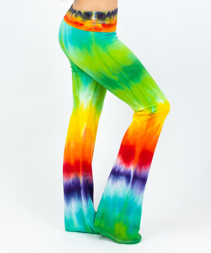 Rainbow tie dye yoga pants with a fold-over waistband.