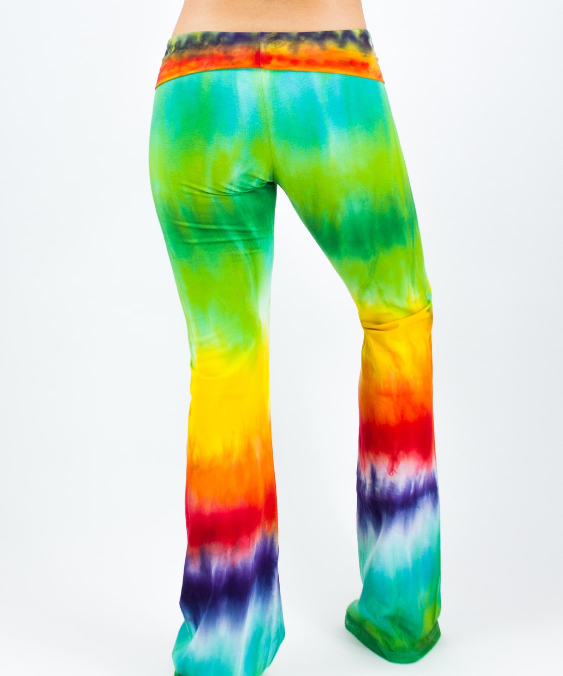 Rainbow tie dye yoga pants with a fold-over waistband.