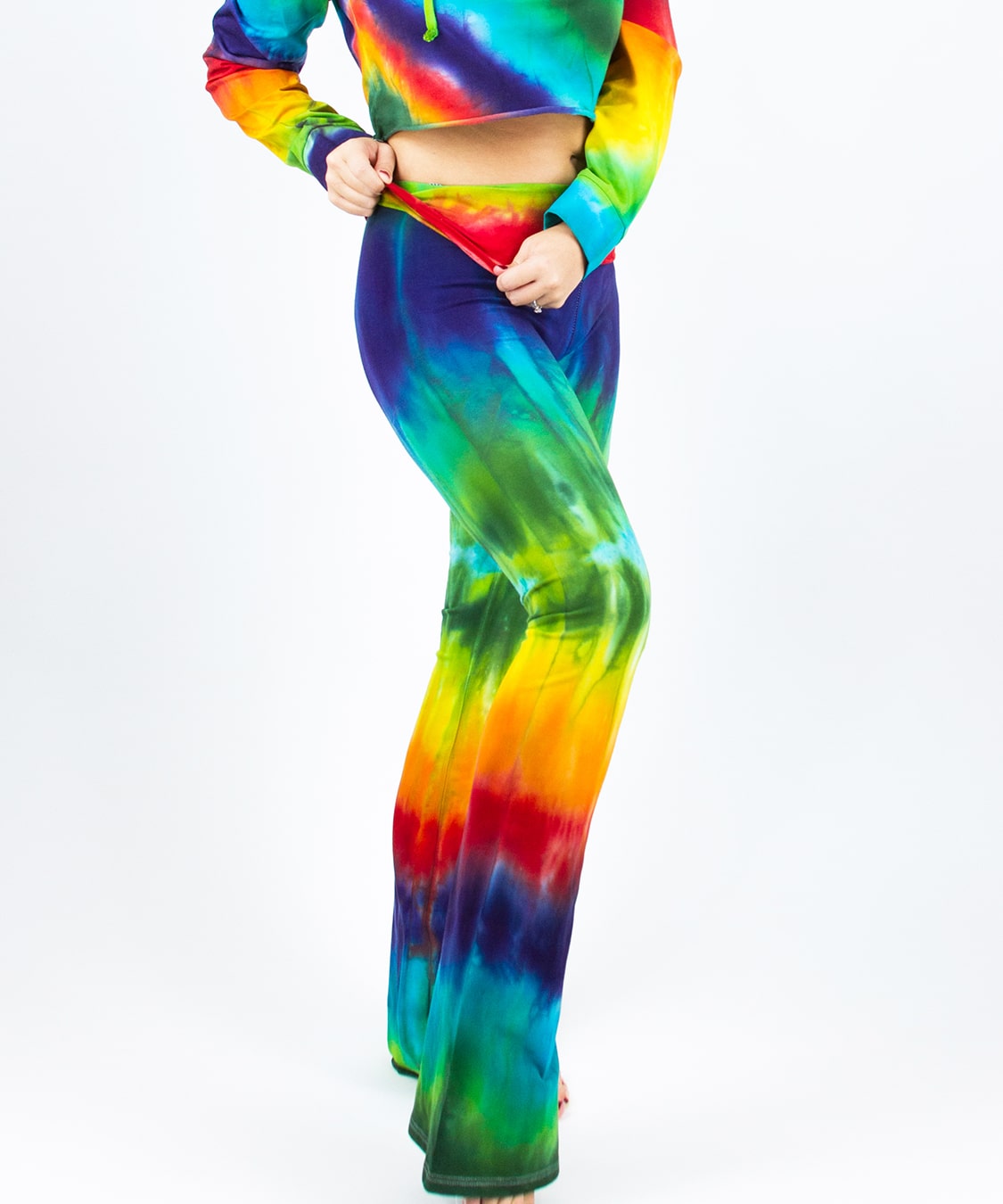 Rainbow tie dye yoga pants with a fold-over waistband.