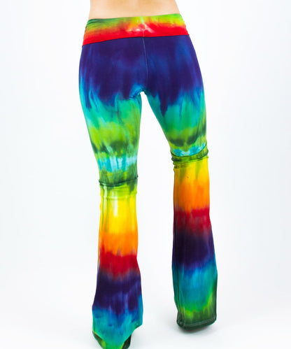 Rainbow tie dye yoga pants with a fold-over waistband.