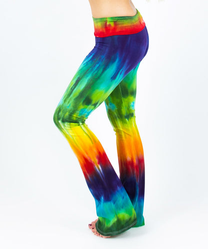 Rainbow tie dye yoga pants with a fold-over waistband.