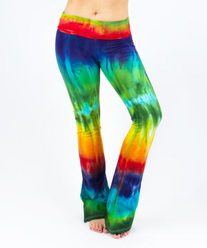 Rainbow tie dye yoga pants with a fold-over waistband.