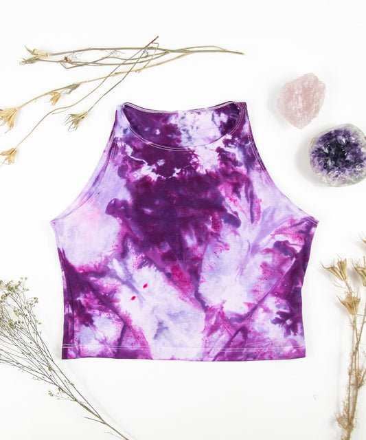Purple and pink tie dye crop top by Akasha Sun.
