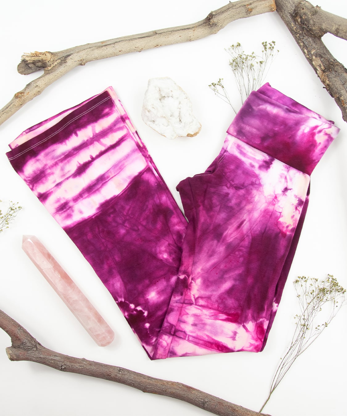 Raspberry Rose tie dye yoga pants with a foldover waistband by Akasha Sun.