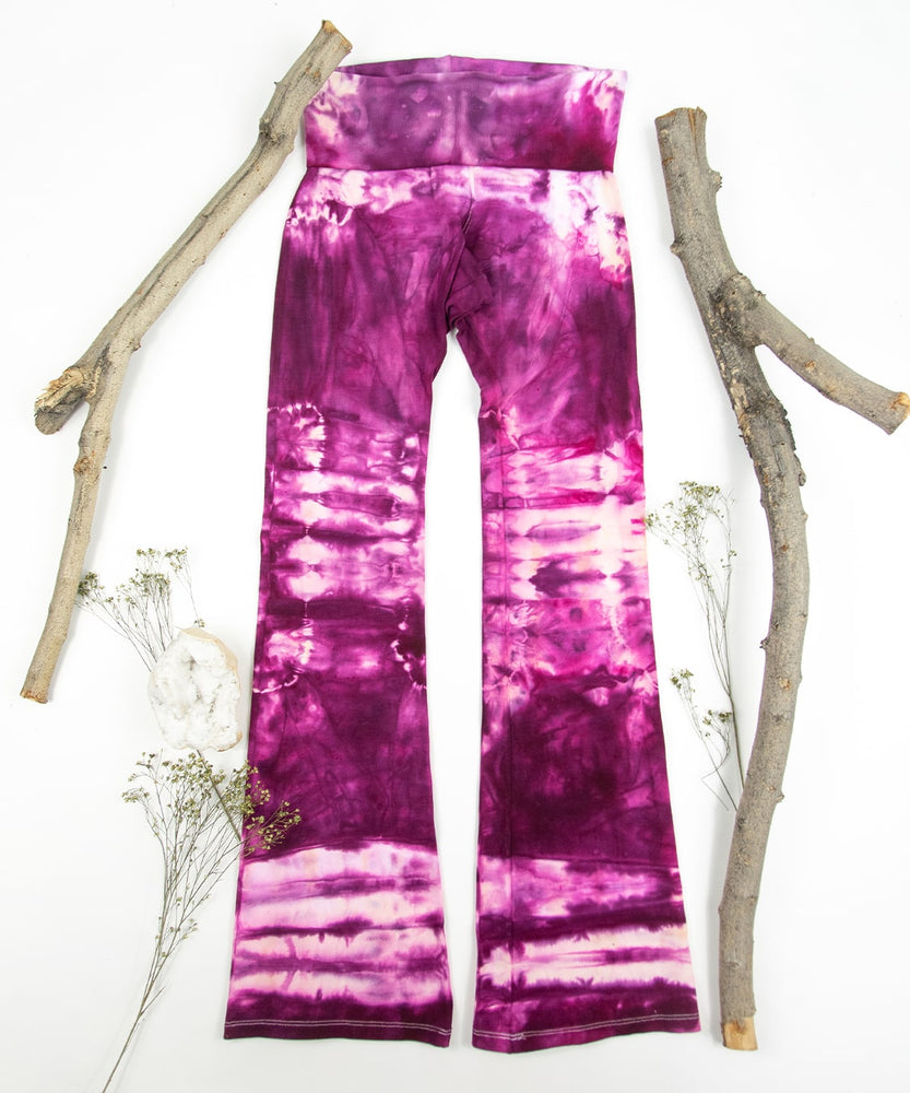 Raspberry Rose tie dye yoga pants with a foldover waistband by Akasha Sun.