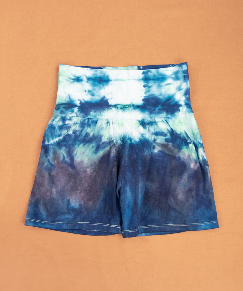 Navy blue and green tie dye shorts with wide waistband.