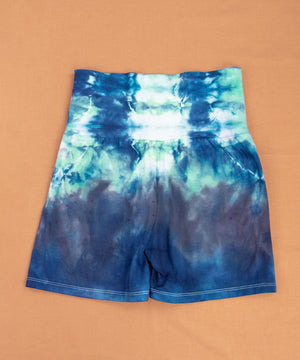 Navy blue and green tie dye shorts with wide waistband.