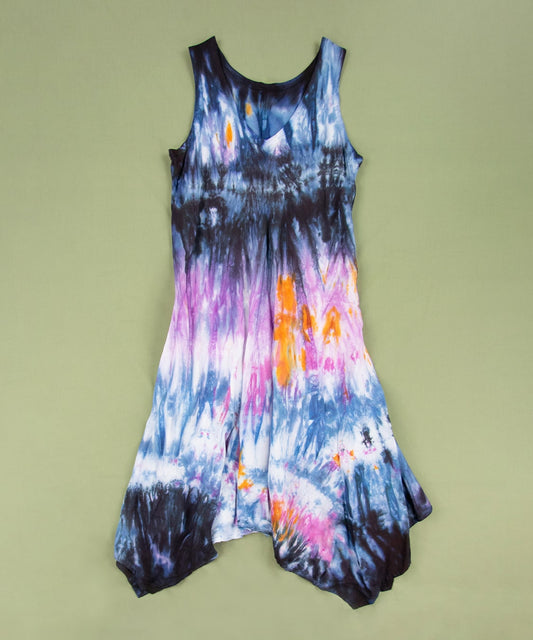 Black, blue, pink, and orange tie dye fairy dress by Akasha Sun.