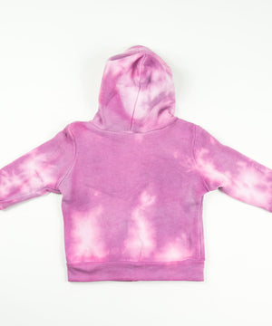 Pink tie dye baby jacket with a soft fleece interior, hood, and pockets.