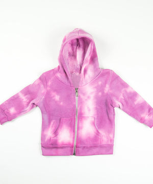 Pink tie dye baby jacket with a soft fleece interior, hood, and pockets.