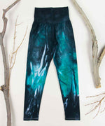 Teal + black tie dye wide band yoga leggings by Akasha Sun.