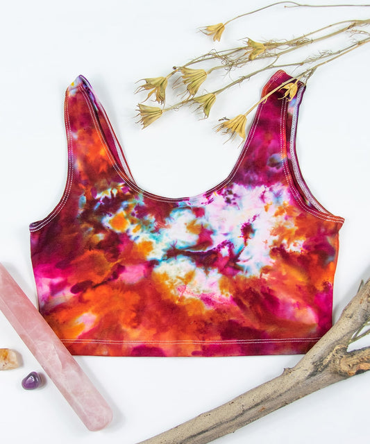 Pink, orange, and red tie dye crop tank by Akasha Sun.