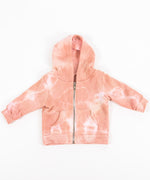 Rose gold tie dye baby jacket with a fleece interior, hood, and zipper.