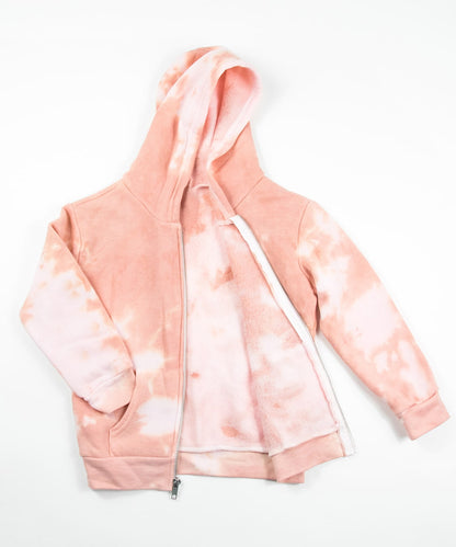 Rose gold and white tie dye toddler jacket with soft fleece interior, hood, and pockets.