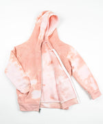 Rose gold and white tie dye toddler jacket with soft fleece interior, hood, and pockets.