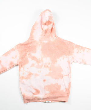 Rose gold and white tie dye toddler jacket with soft fleece interior, hood, and pockets.