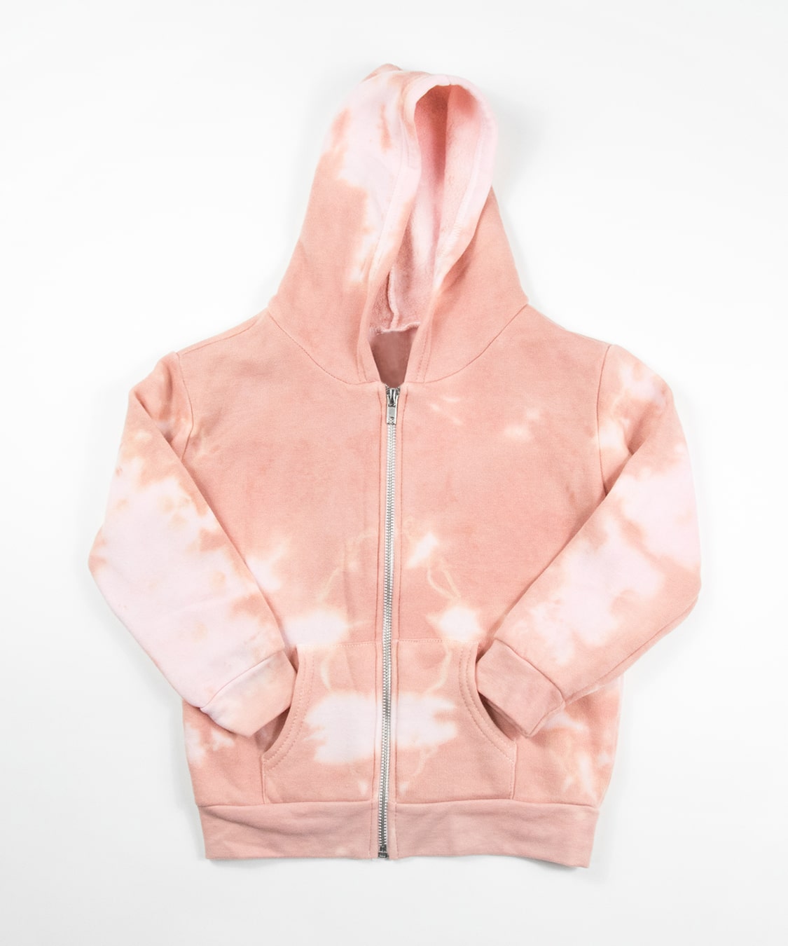 Rose gold and white tie dye toddler jacket with soft fleece interior, hood, and pockets.