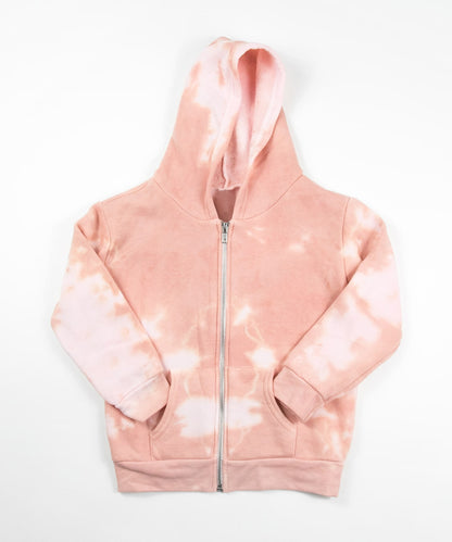 Rose gold and white tie dye toddler jacket with soft fleece interior, hood, and pockets.