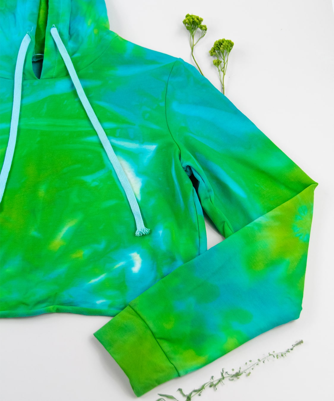 Aqua and green tie dye hoodie crop top by Akasha Sun.