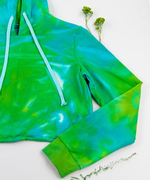 
                
                    Load image into Gallery viewer, Aqua and green tie dye hoodie crop top by Akasha Sun.
                
            