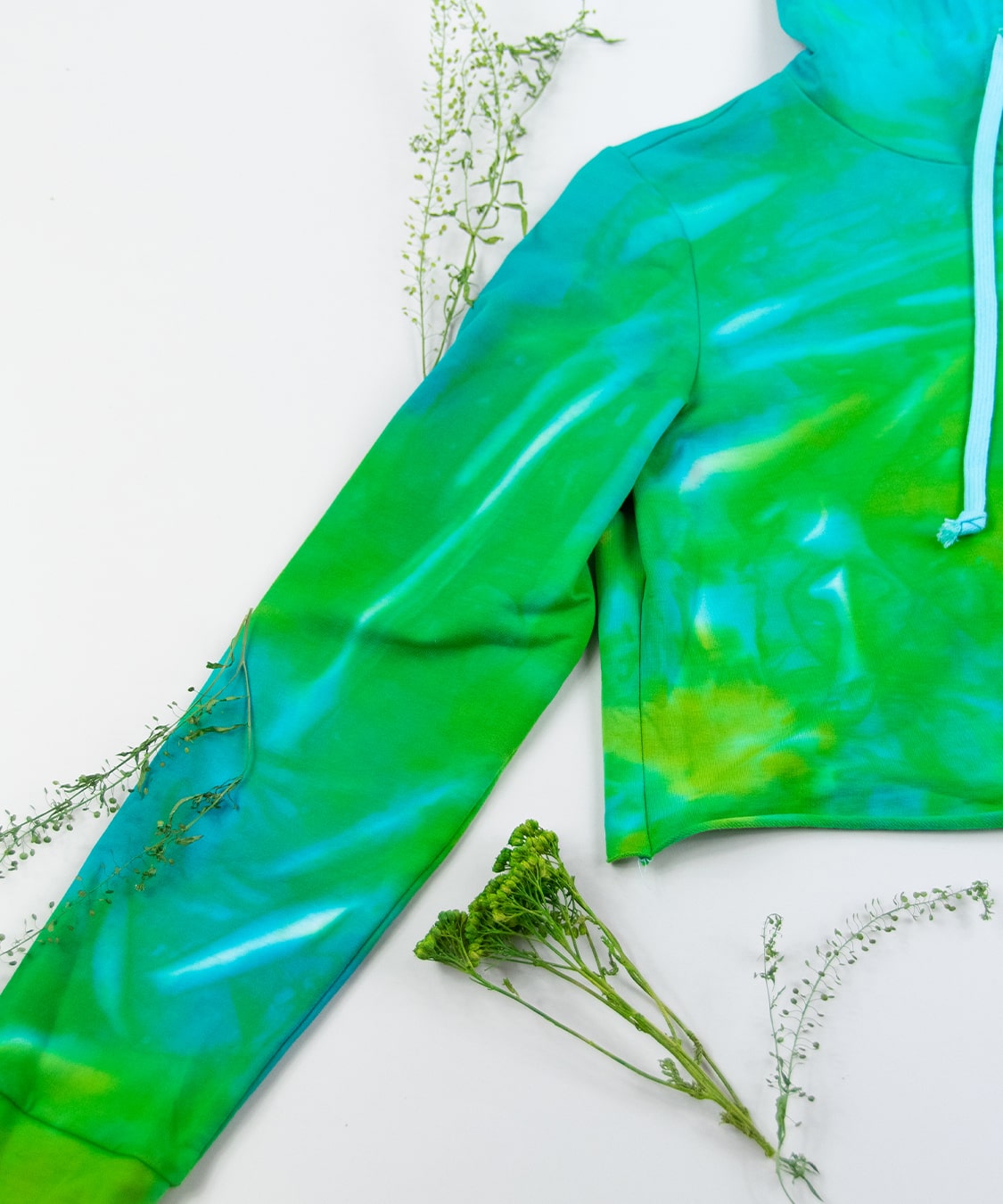 Aqua and green tie dye hoodie crop top by Akasha Sun.