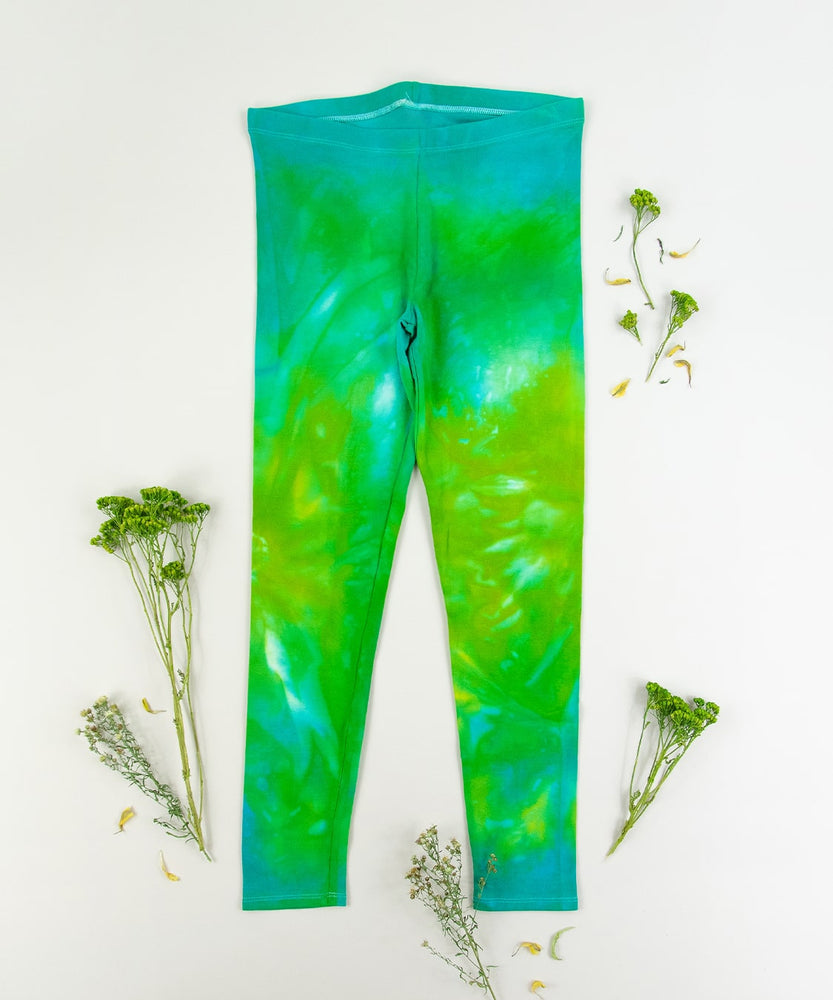 Green and blue tie dye yoga leggings by Akasha Sun.