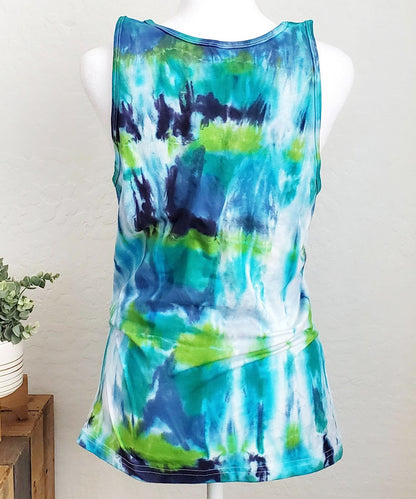 Teal and green tie dye tank top.