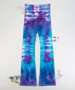 Blue and purple tie dye yoga pants with wide waistband by Akasha Sun.
