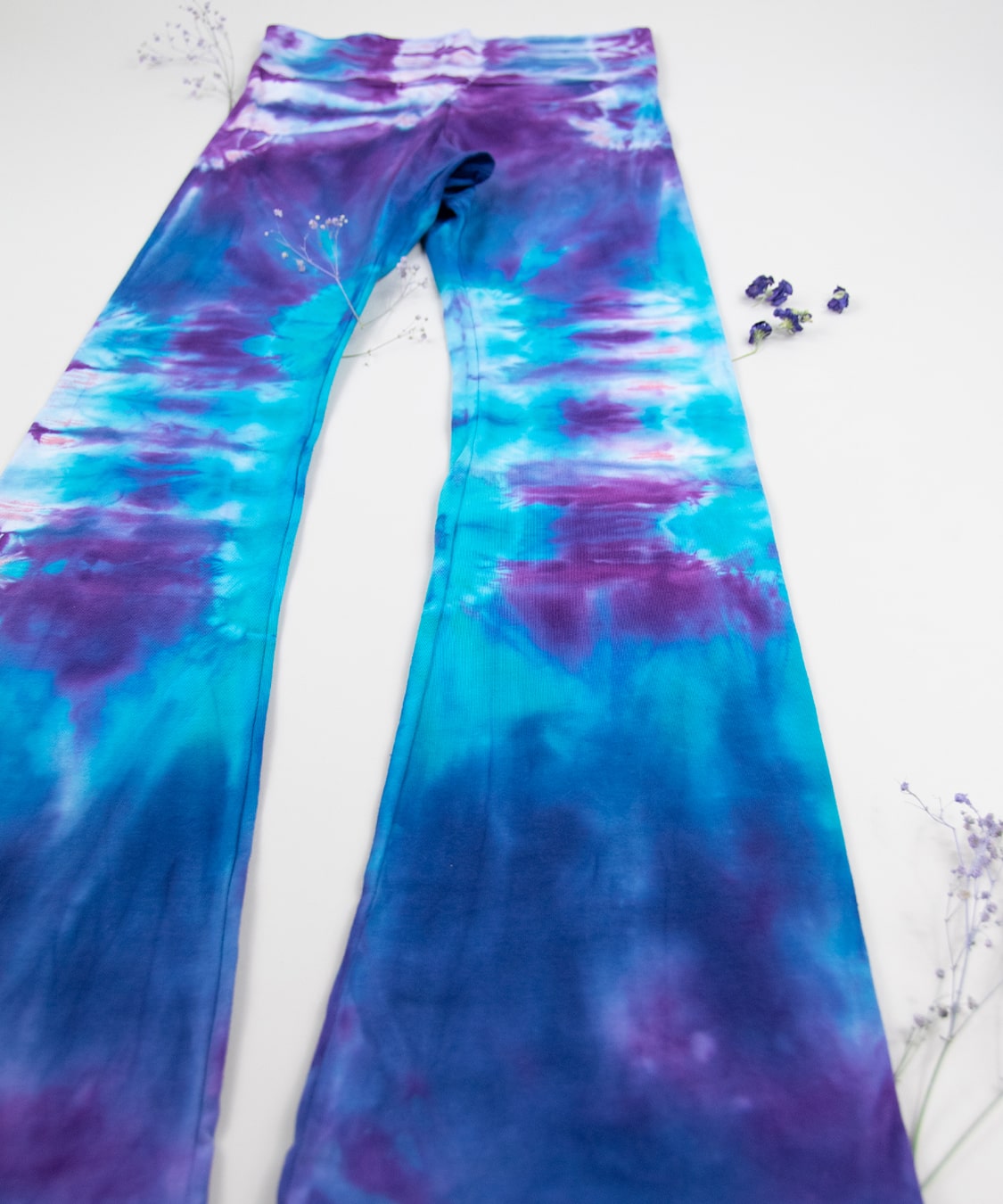 Blue and purple tie dye yoga pants with wide waistband by Akasha Sun.