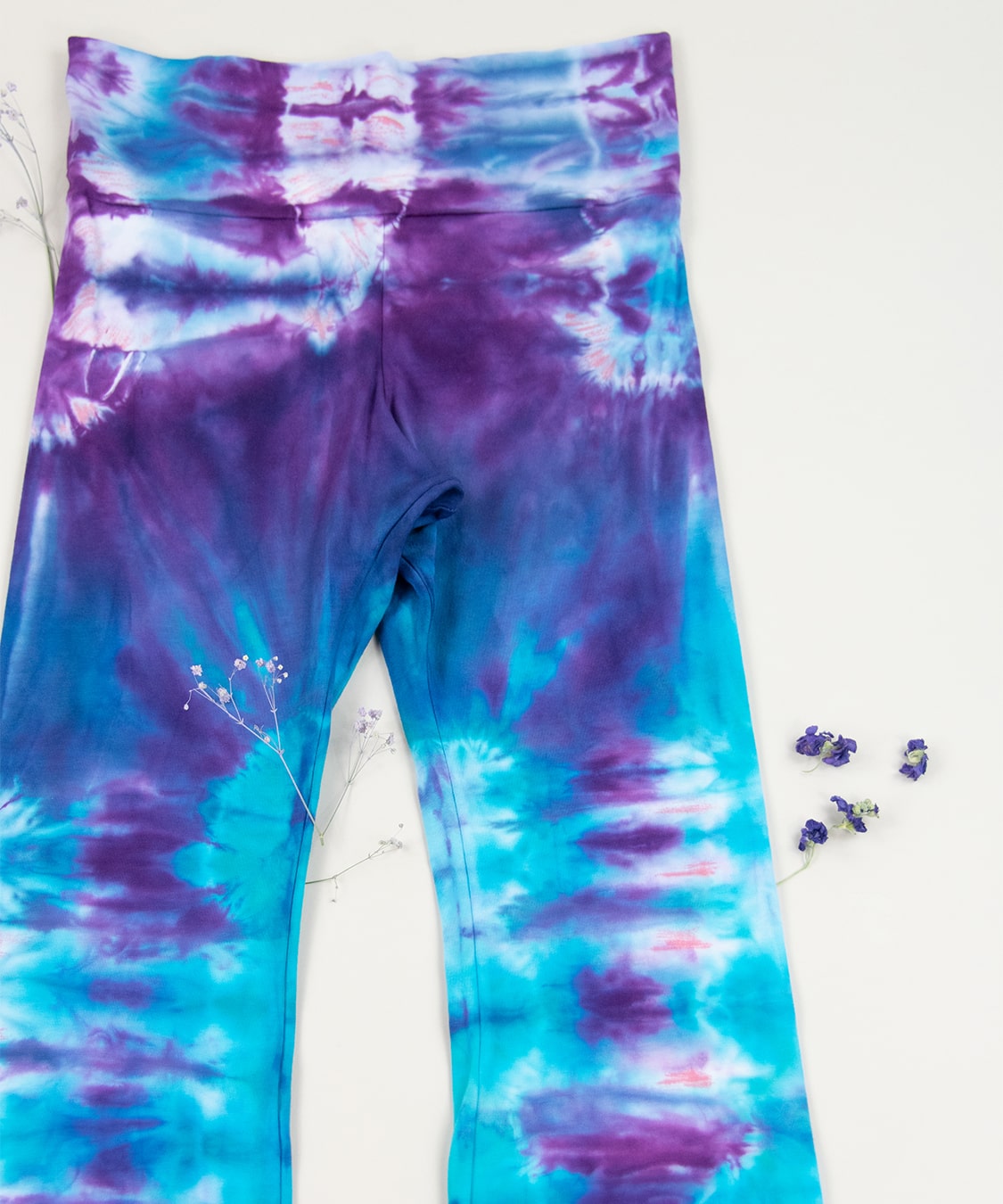 Blue and purple tie dye yoga pants with wide waistband by Akasha Sun.