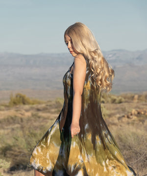 
                
                    Load image into Gallery viewer, Green and gold tie dye fairy dress by Akasha Sun.
                
            