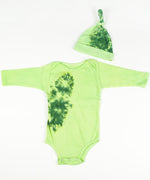 Green tie dye baby onesie and hat set made of organic cotton.