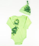 Green tie dye baby onesie and hat set made of organic cotton.
