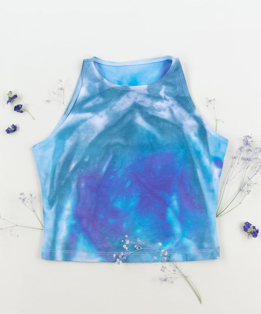 Blue and purple tie dye crop top by Akasha Sun.