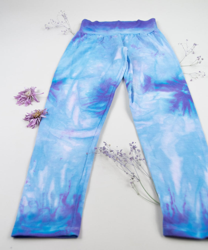 Blue and purple tie dye yoga leggings with wide waistband by Akasha Sun.