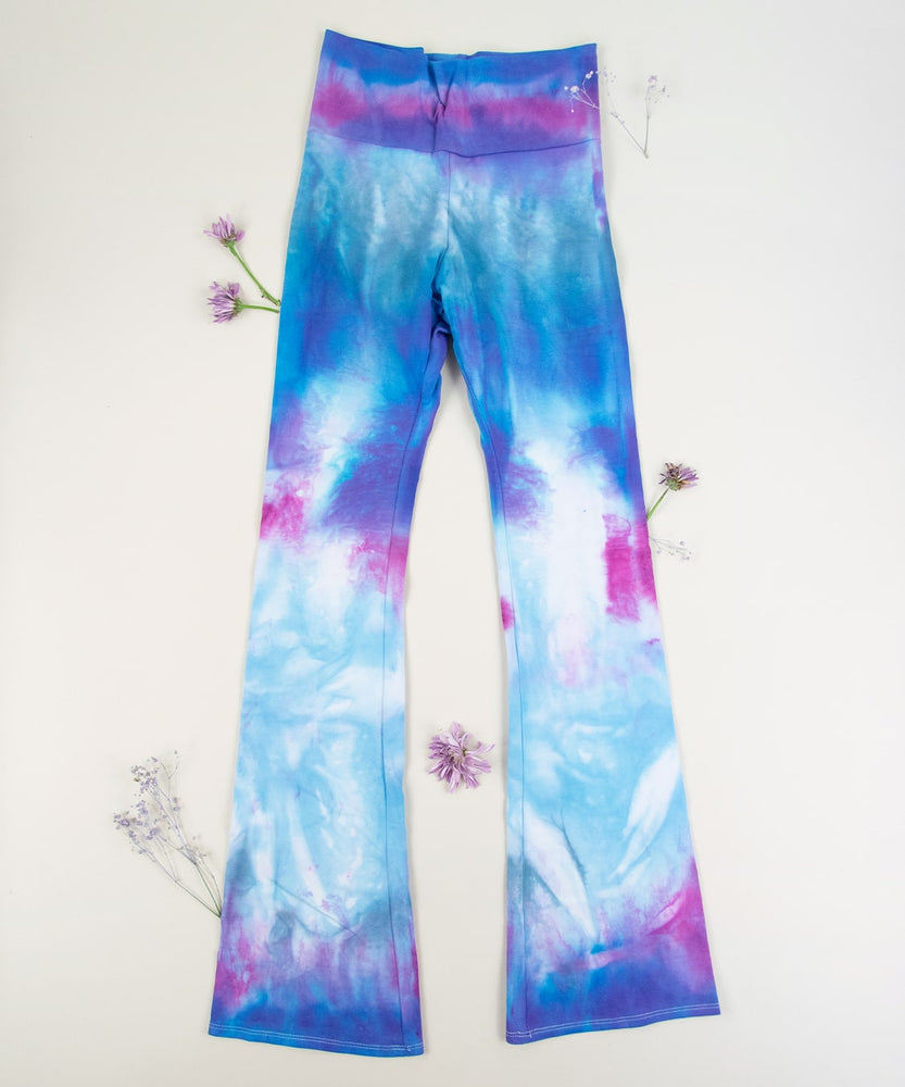 Purple and pink tie dye yoga pants with wide waistband by Akasha Sun.