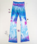 Purple and pink tie dye yoga pants with wide waistband by Akasha Sun.
