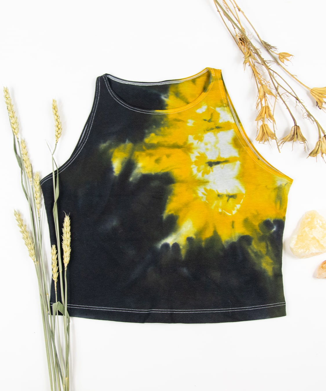 Yellow + Black Chakra Crop Top by Akasha Sun.