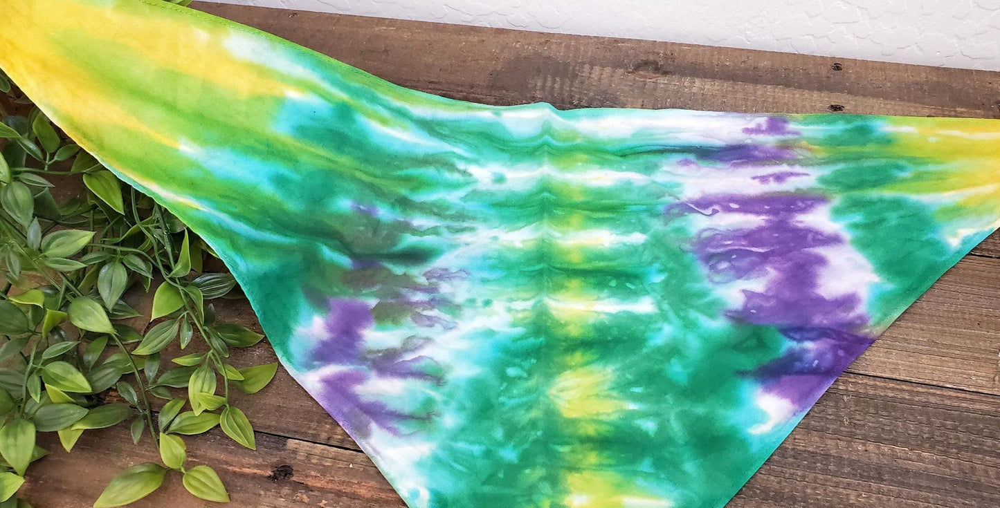 A dog modeling a tie dye dog bandana in Mardi Gras colors of yellow, green, and purple.