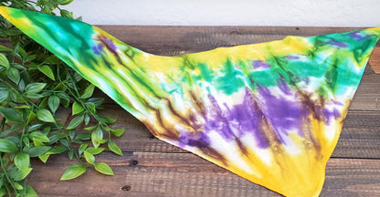 A dog modeling a tie dye dog bandana in Mardi Gras colors of yellow, green, and purple.